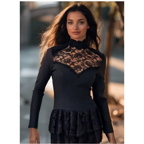 Vintage Jessica McClintock Midi Dress Lace Trim Goth USA Black Size Small - Picture 1 of 12